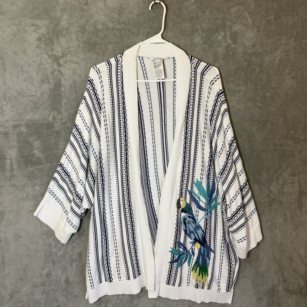 Chicos Cardigan 4 Sz 2XL Embroidered Bird Tropical Knit  Open Duster Boho